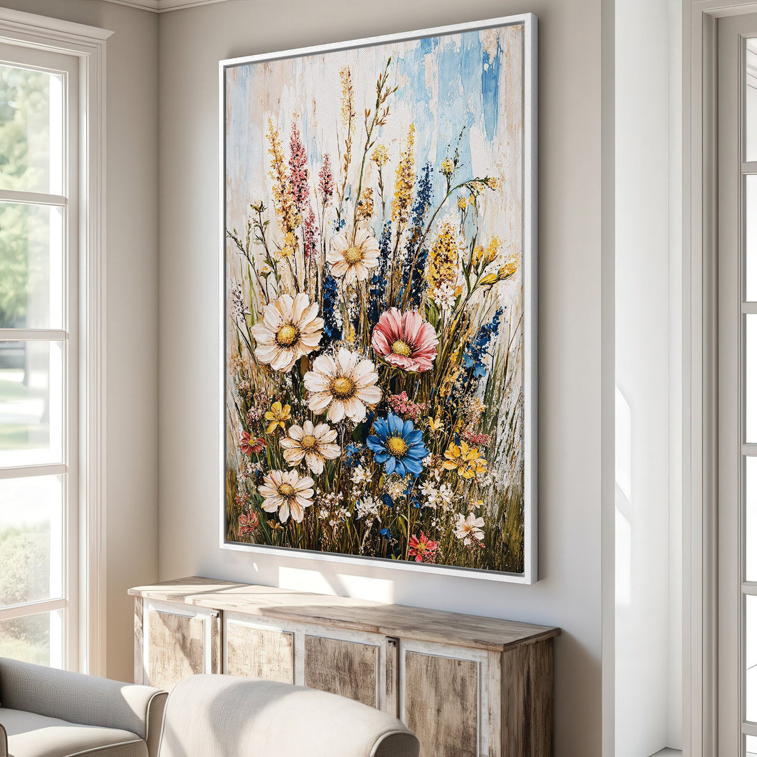 Framed Wall Art featuring a vibrant floral painting in a rustic interior. The artwork showcases a colorful palette with white, blue, and yellow flowers.
