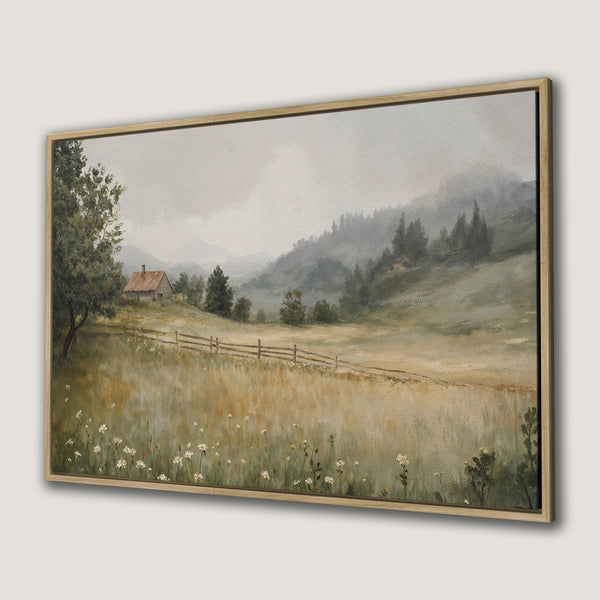Framed Wall Art of a serene landscape with a cabin, in a muted green and beige palette. Perfect for adding a touch of nature to your home.