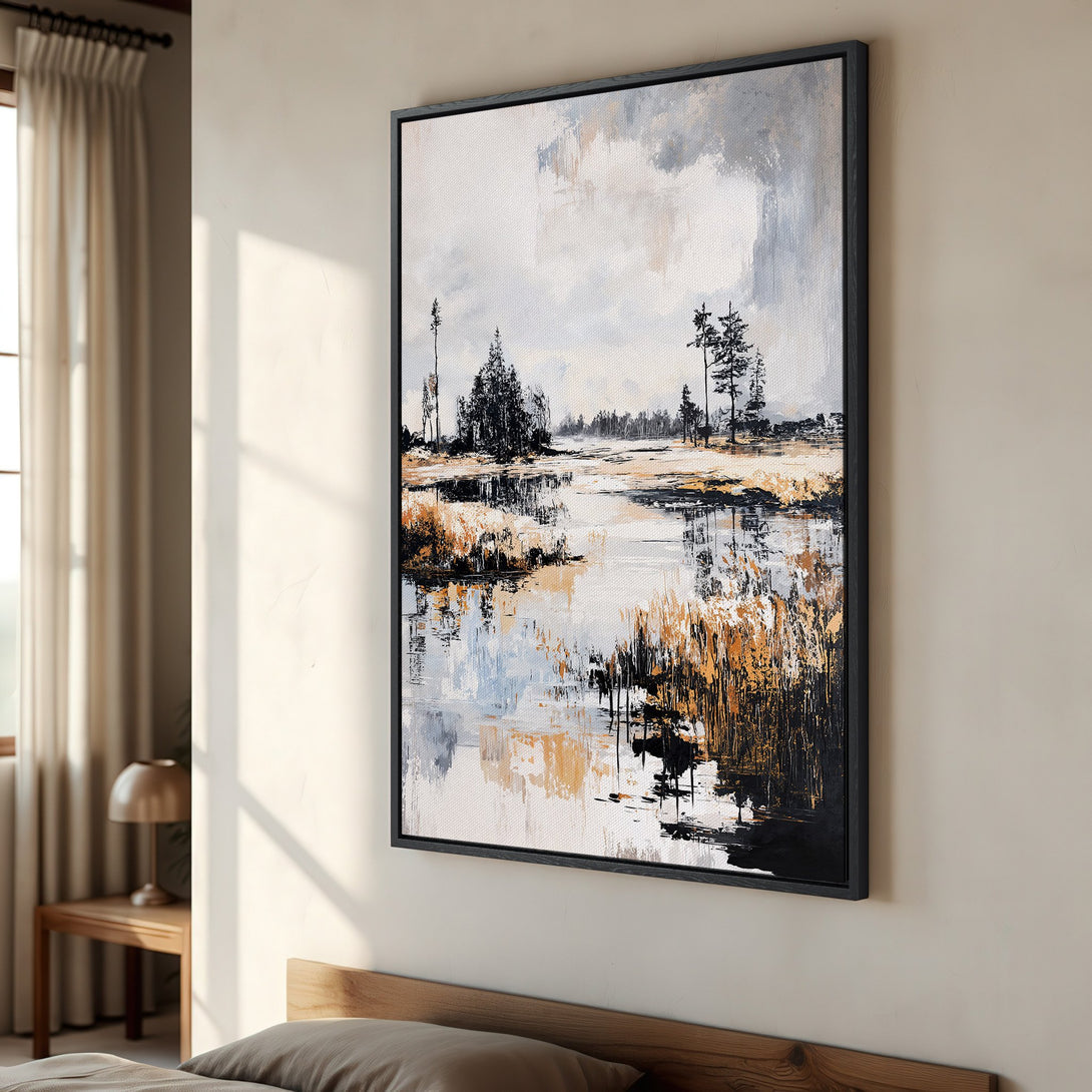 Framed Wall Art: Abstract landscape Canvas Print in neutral tones. Modern art with black, gold, and gray palette, perfect for bedroom decor.