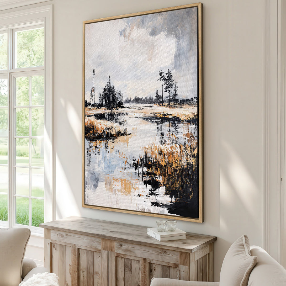 Framed Wall Art: Abstract landscape Canvas Print in neutral tones of gray, gold, and black. Modern art for living room decor.