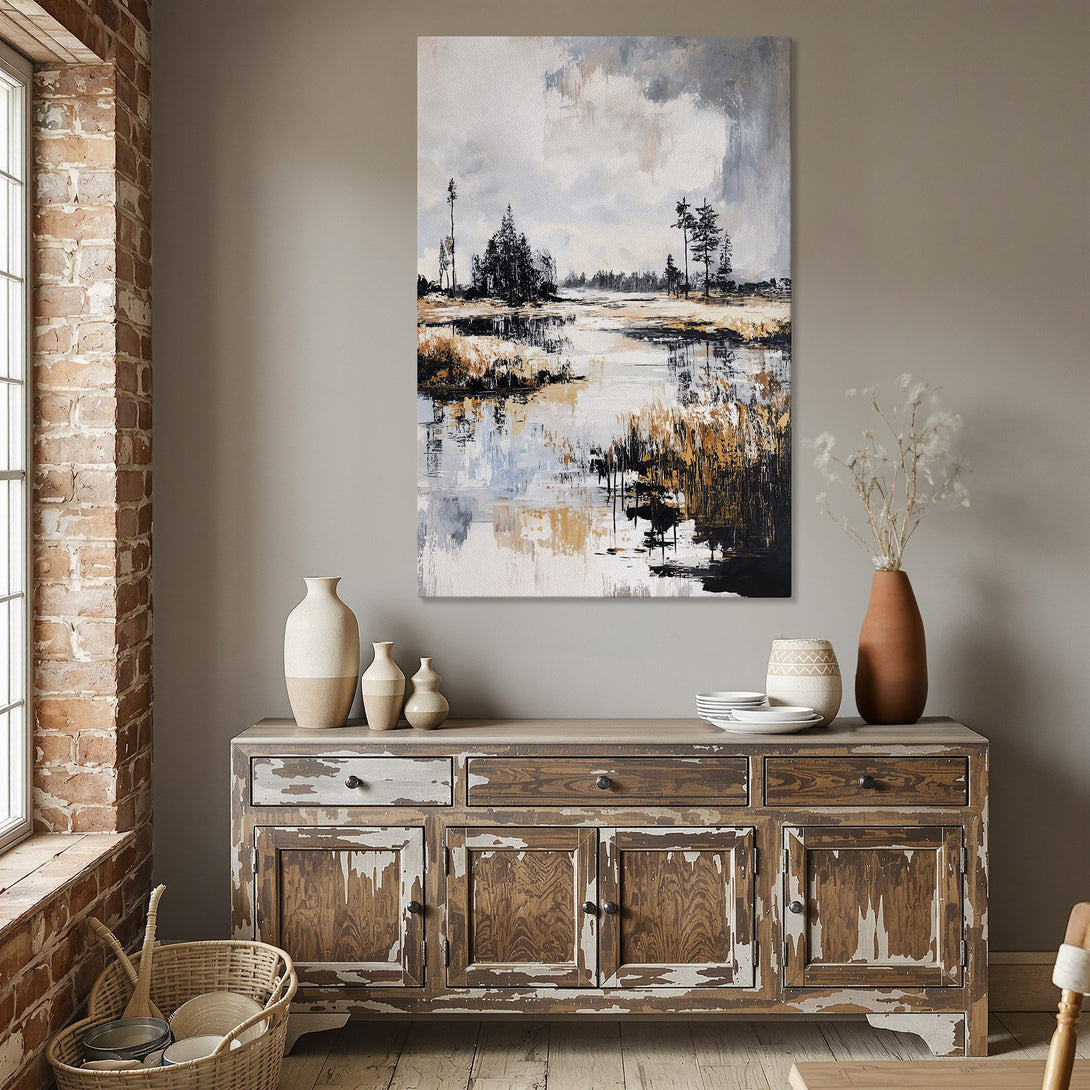 Framed Wall Art: Abstract landscape Canvas Print with neutral tones, gold frame. Perfect for dining room decor, adds a touch of modern art.