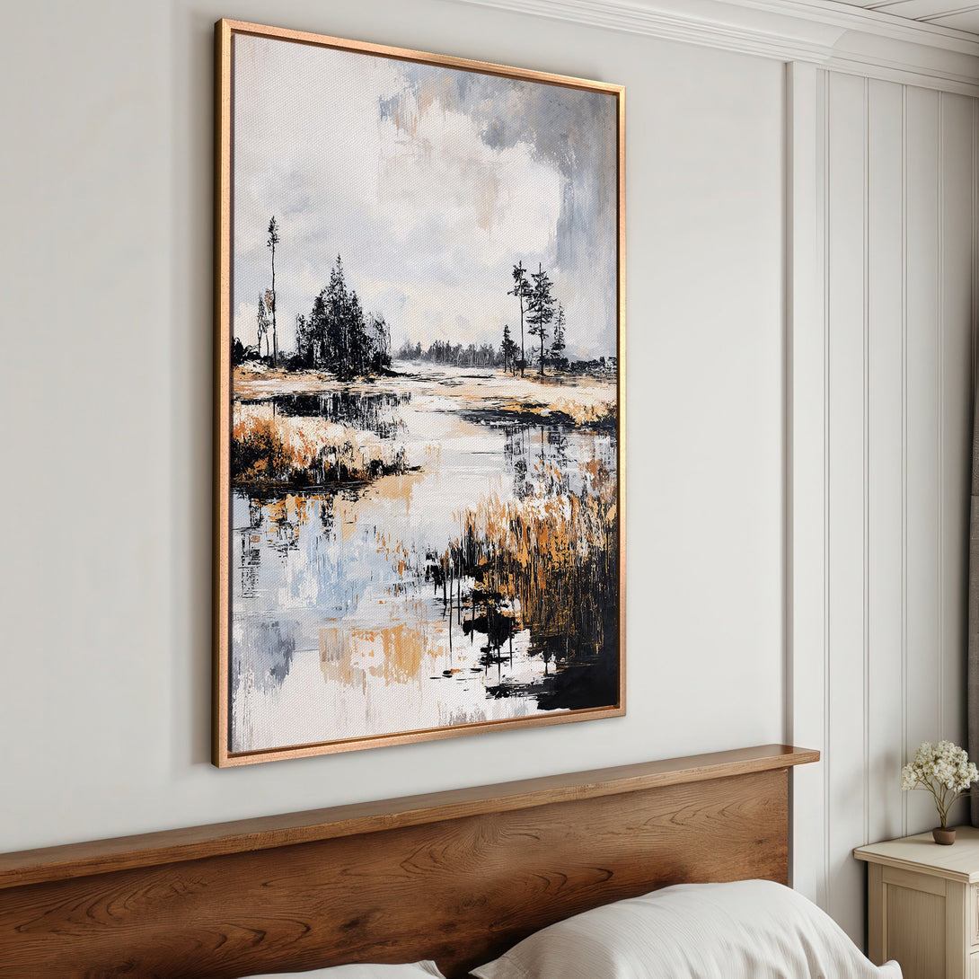 Framed Wall Art: Abstract landscape Canvas Print with neutral color palette. Modern art for home decor, featuring a serene lake scene in black, gold, and gray.