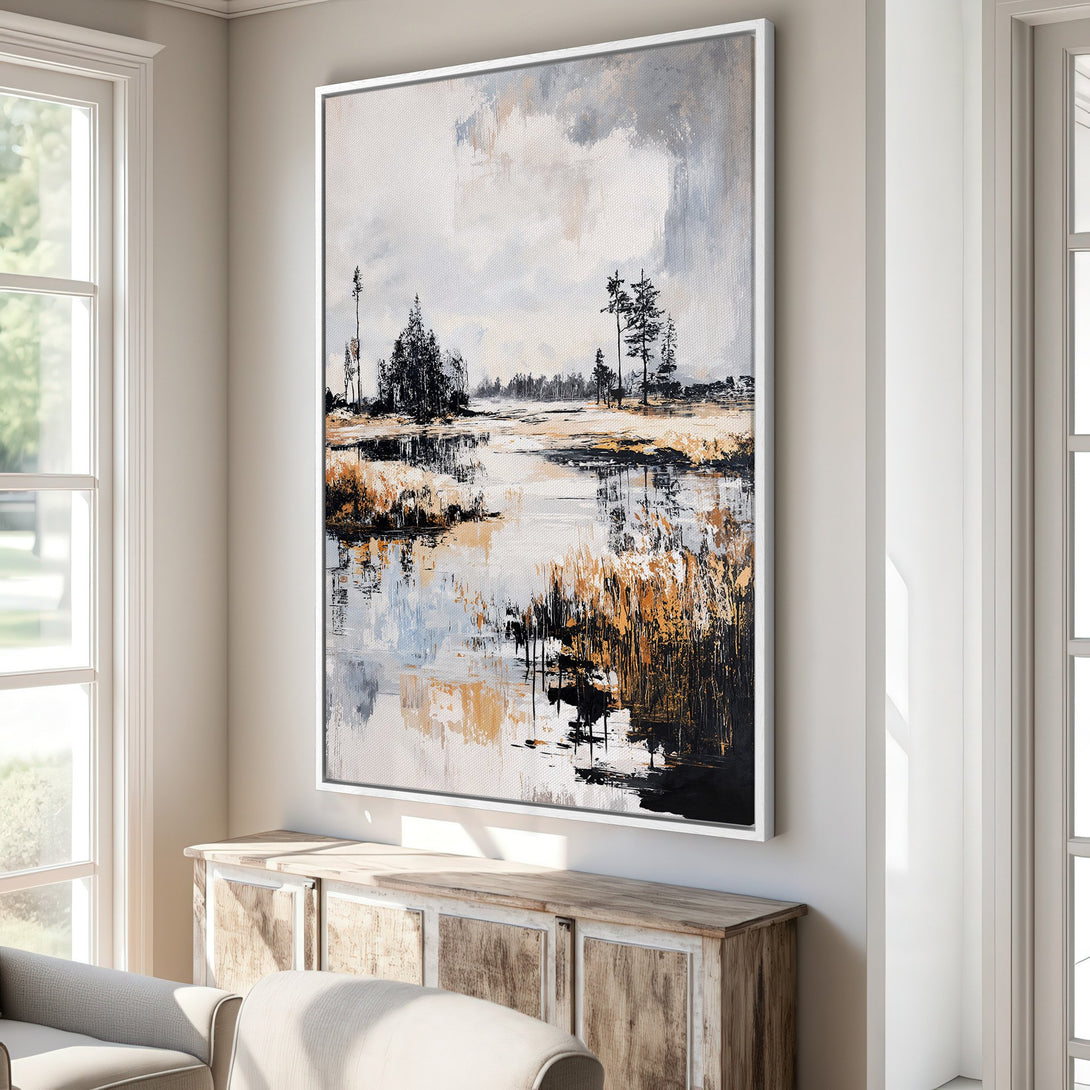 Framed Wall Art: Abstract landscape Canvas Print in neutral tones. Modern art with a serene, natural scene in black, gold, and gray. Perfect for home decor.