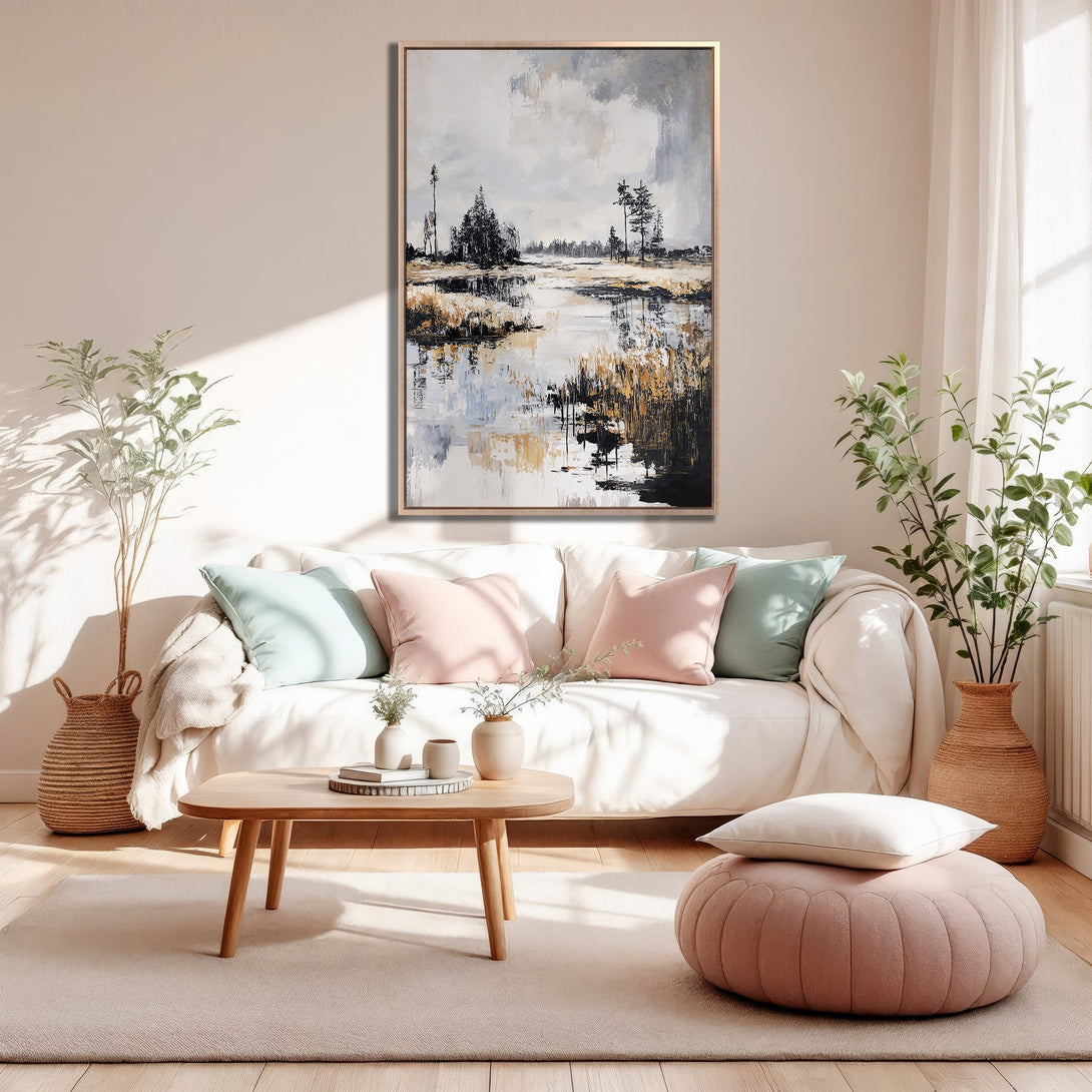 Framed Wall Art landscape painting in neutral tones. Abstract art Canvas Print with a serene, modern style, perfect for living room decor.