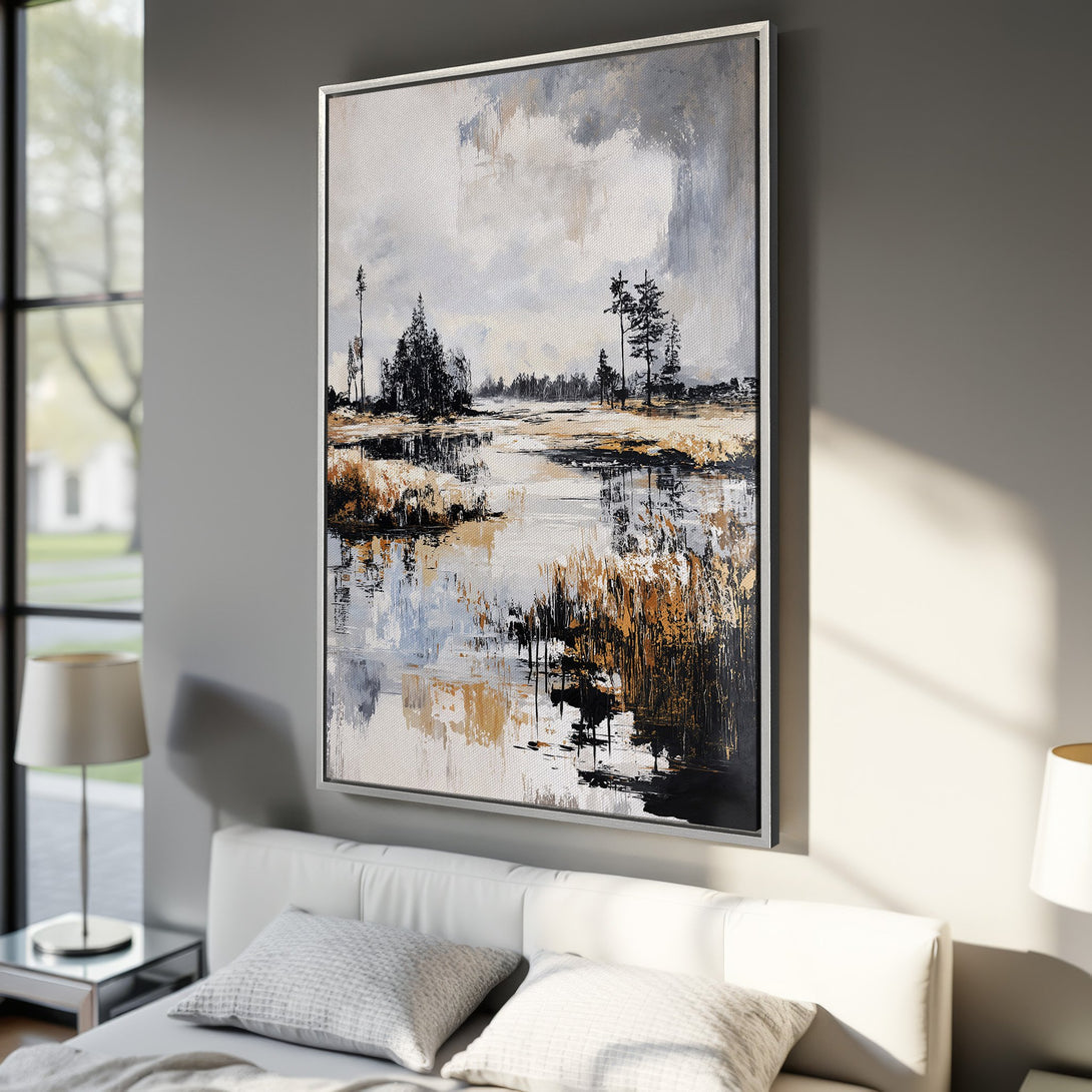 Framed Wall Art: Abstract landscape Canvas Print in neutral tones. Modern art with a serene, muted color palette, perfect for bedroom decor.