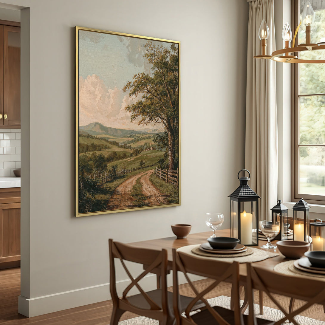 Canvas Print of a serene landscape painting in a rustic interior. Features a neutral color palette with greens, browns, and blues. Perfect wall art for any home.