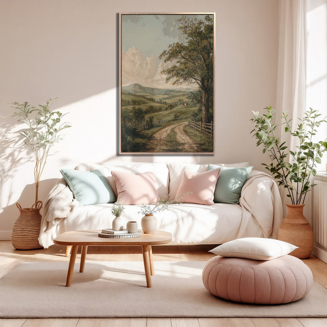 Framed Wall Art: Landscape Canvas Print in a cozy living room. Features a vintage style, earthy tones, and a soft, pastel color palette.