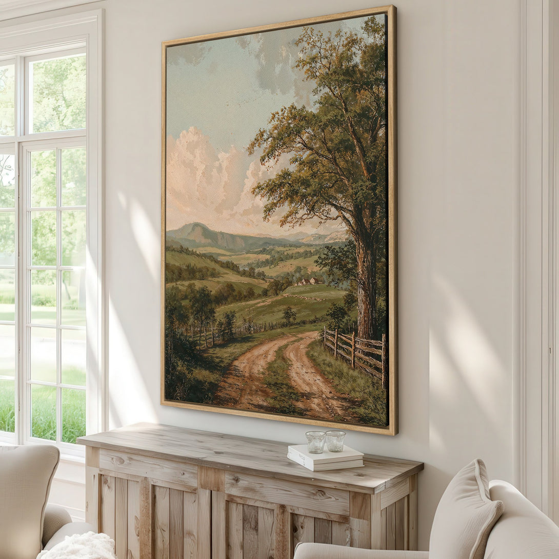 Framed Wall Art: Landscape painting with a vintage style, featuring a dirt road, trees, and rolling hills. Earthy color palette for a cozy, rustic aesthetic.