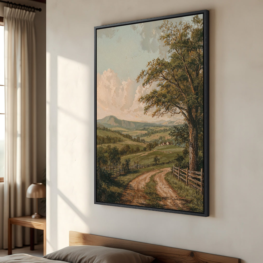 Framed Wall Art: Scenic landscape Canvas Print in warm earth tones. Rustic style with a dirt road and rolling hills, perfect for adding a touch of nature.