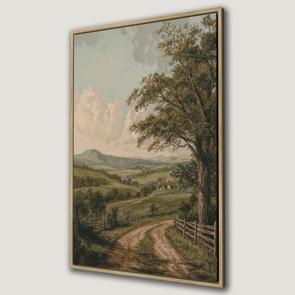 Framed Wall Art: Vintage landscape Canvas Print with a winding dirt road, lush green hills, and a warm, earthy color palette. Perfect for rustic decor.