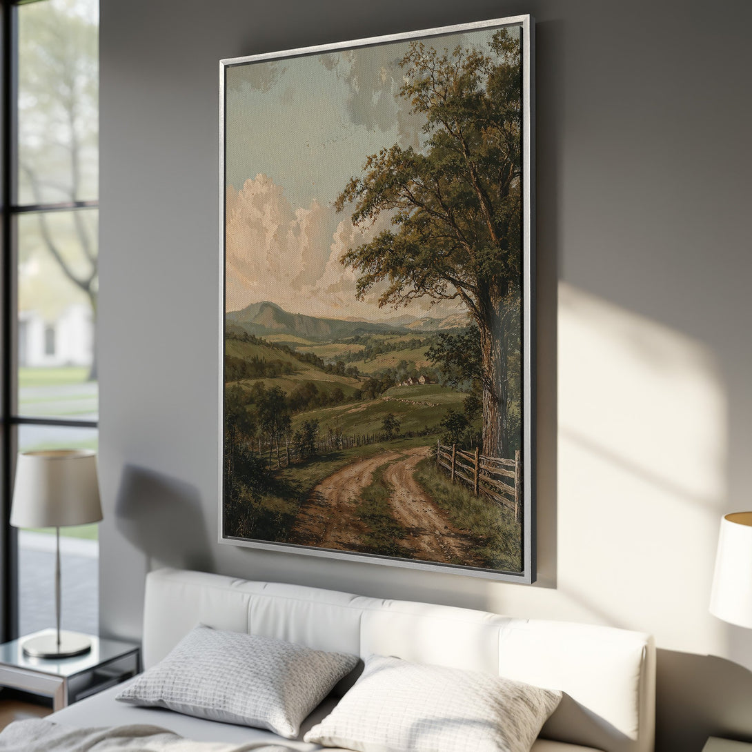 Framed Wall Art: Landscape Canvas Print in warm, earthy tones. Classic painting style depicting a rural scene with a dirt road and green fields. Perfect for any room!