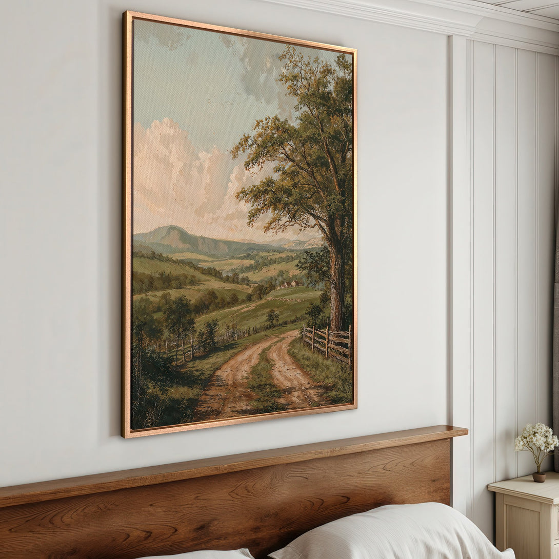 Framed Wall Art: Landscape Canvas Print with a vintage style, featuring a dirt road, trees, and a soft, natural color palette. Perfect for home decor!