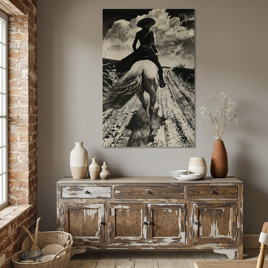 Framed Wall Art: Black and white image of a woman on horseback. Dramatic, vintage style. Neutral color palette, perfect for dining room decor.