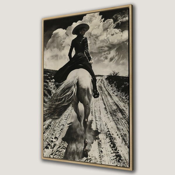 Framed Wall Art featuring a cowgirl riding a white horse on a dusty road, dramatic black and white photography, perfect for rustic decor.