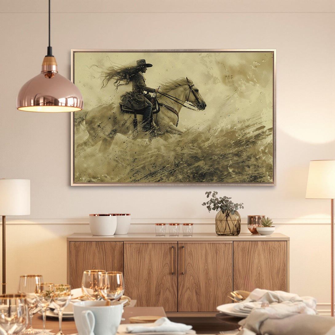 Framed Wall Art: Western-style canvas print of a cowgirl on a horse, in a sepia and gold color palette. Perfect home decor!