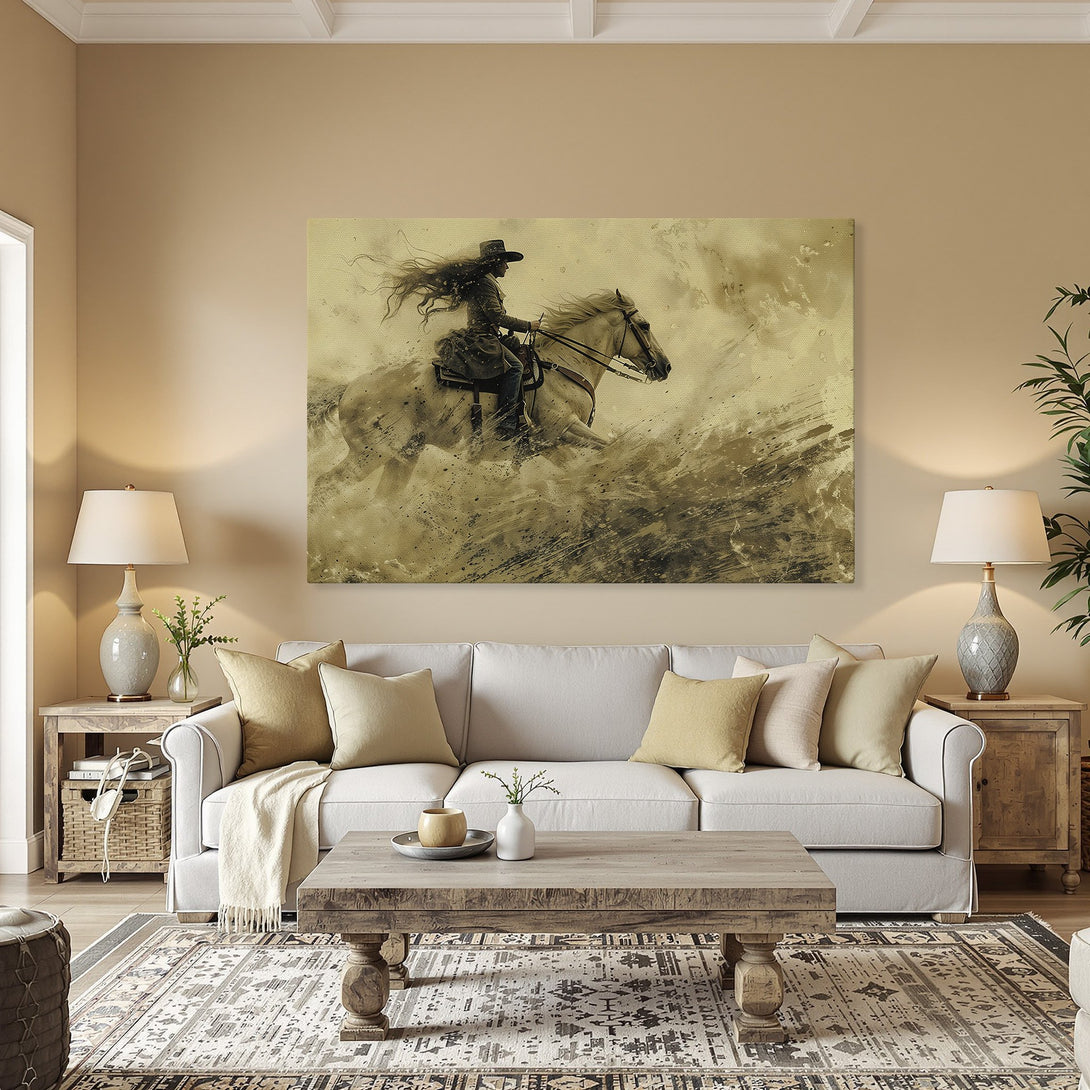 Framed Wall Art featuring a cowgirl on a horse, sepia tones. Rustic style Canvas Print adds a touch of western charm to any space.