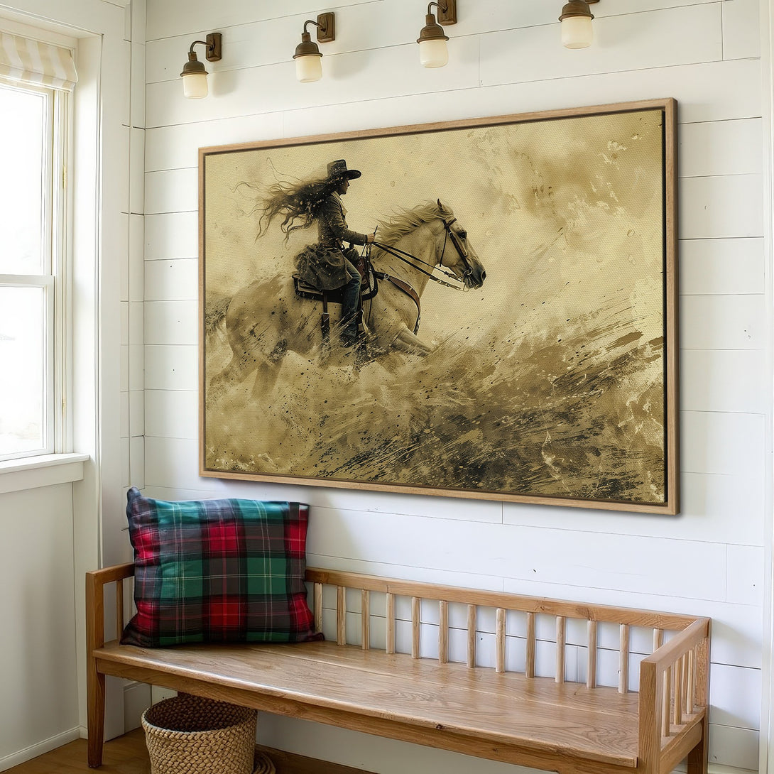 Framed Wall Art of a cowgirl on a horse in sepia tones. Rustic art piece with a vintage aesthetic, perfect for western decor.