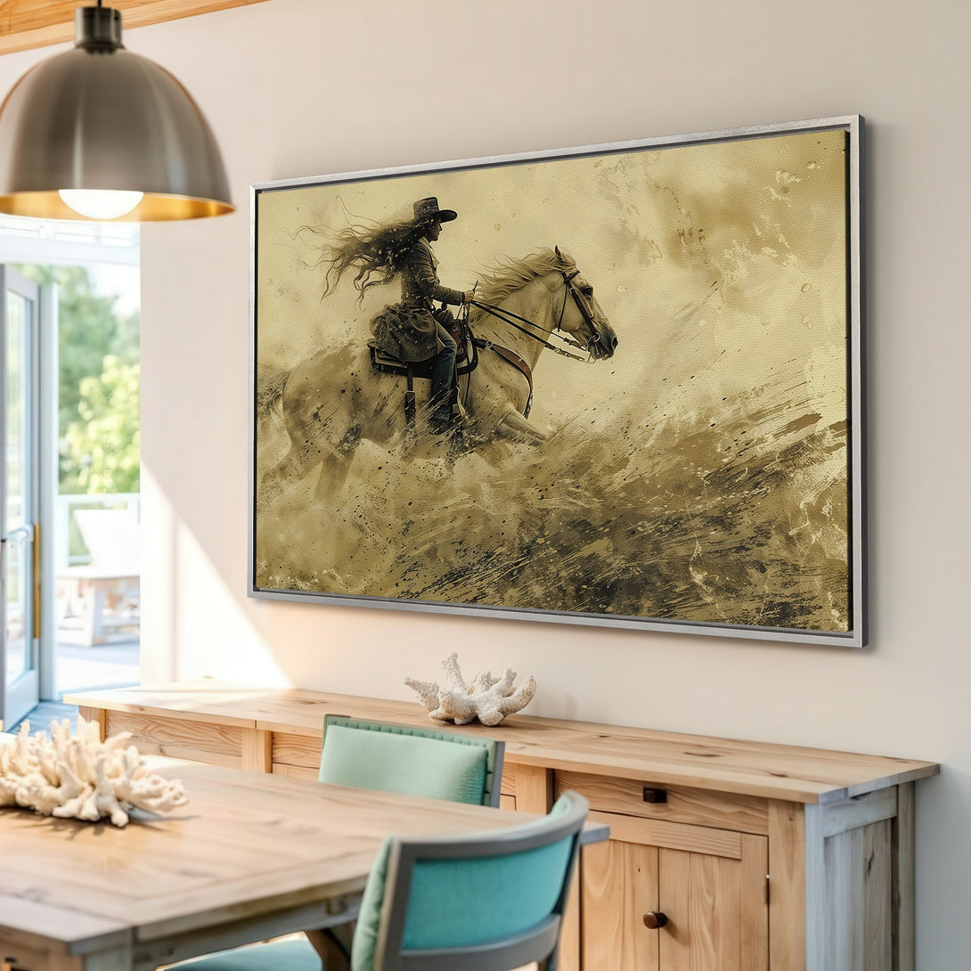 Framed Wall Art: Dynamic painting of a cowgirl on horseback in a sepia tone, adding a touch of western style to your home decor.