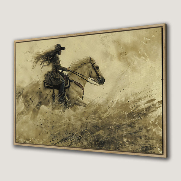 Framed Wall Art featuring a cowgirl riding a horse in an abstract style with a sepia color palette. Perfect western decor for your home.
