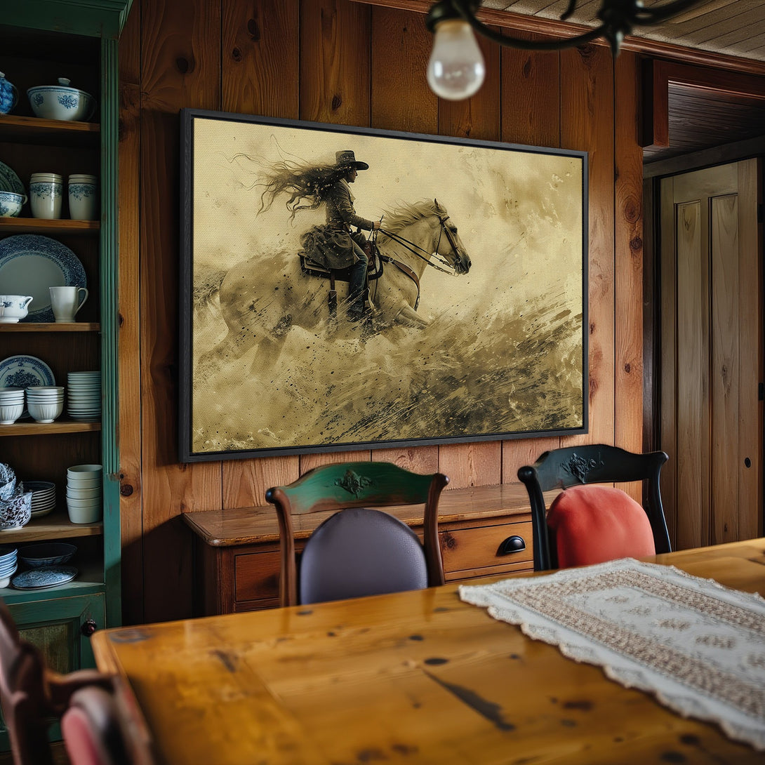 Framed Wall Art: Stunning canvas print of a cowgirl on a horse, in a sepia tone. Perfect western decor for your home!