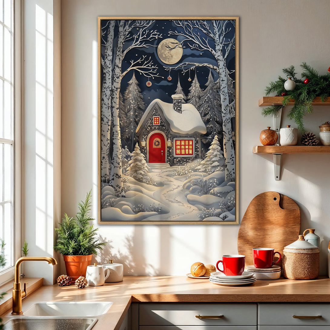 Framed Wall Art: Winter cabin scene in a snowy forest. Blue, white, and red color palette. Perfect for cozy home decor.
