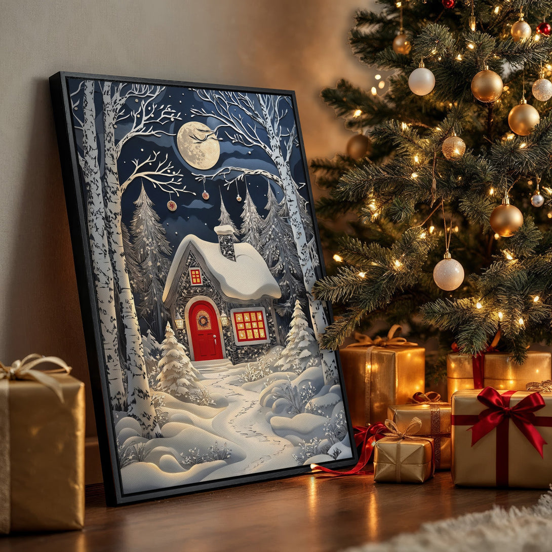 Framed Wall Art featuring a winter cabin scene in a paper cut style, with a blue and white color palette, perfect for holiday decor.