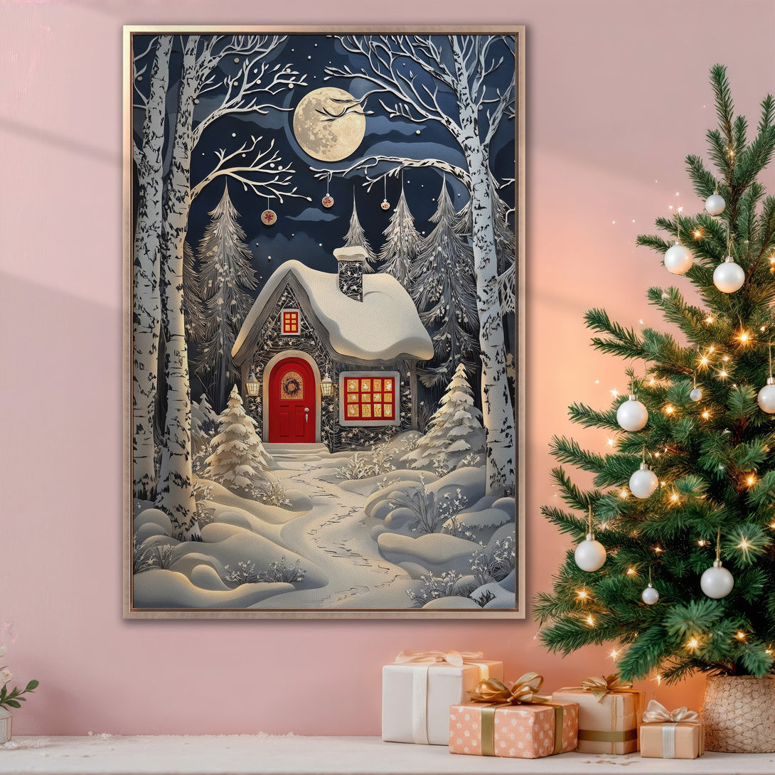 Framed Wall Art: Winter cabin scene in a paper cut style with a cool blue, white, and red color palette. Perfect for holiday decor.