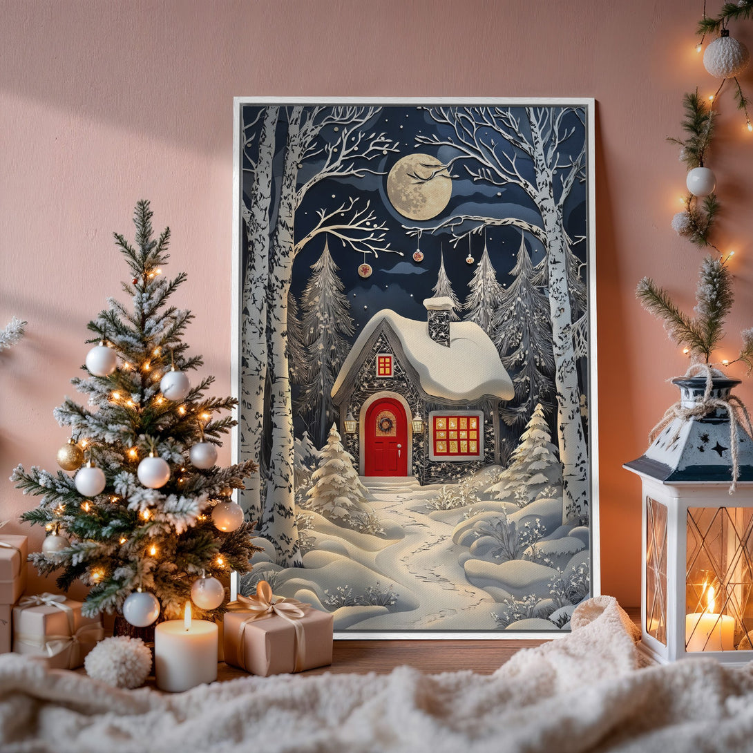 Framed Wall Art: Winter cabin scene in a whimsical style, showcasing a snowy landscape with a red door. Cool blue and white palette, perfect for cozy decor.