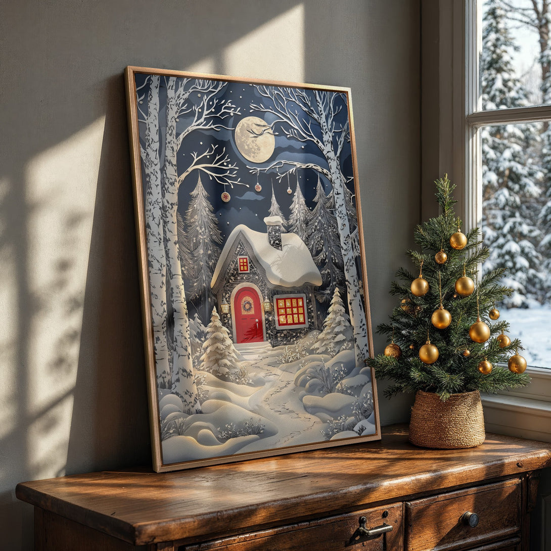 Framed Wall Art of a winter cabin scene, featuring a snowy landscape and a full moon.  The art has a paper-cut style with a blue, white, and red color palette.