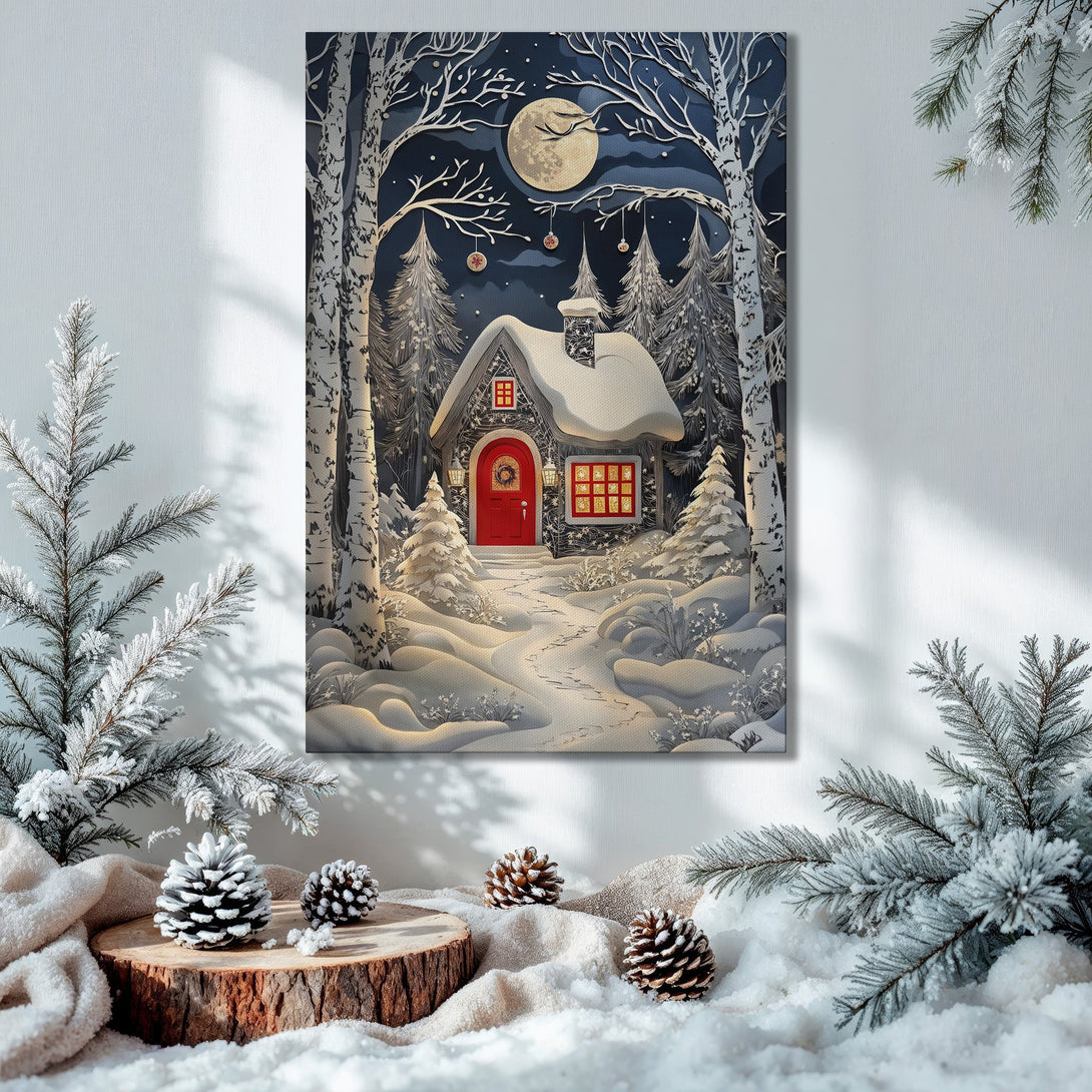 Framed Wall Art: Winter cabin scene in a paper cut style. Blue, white, and red color palette. Perfect for holiday home decor.