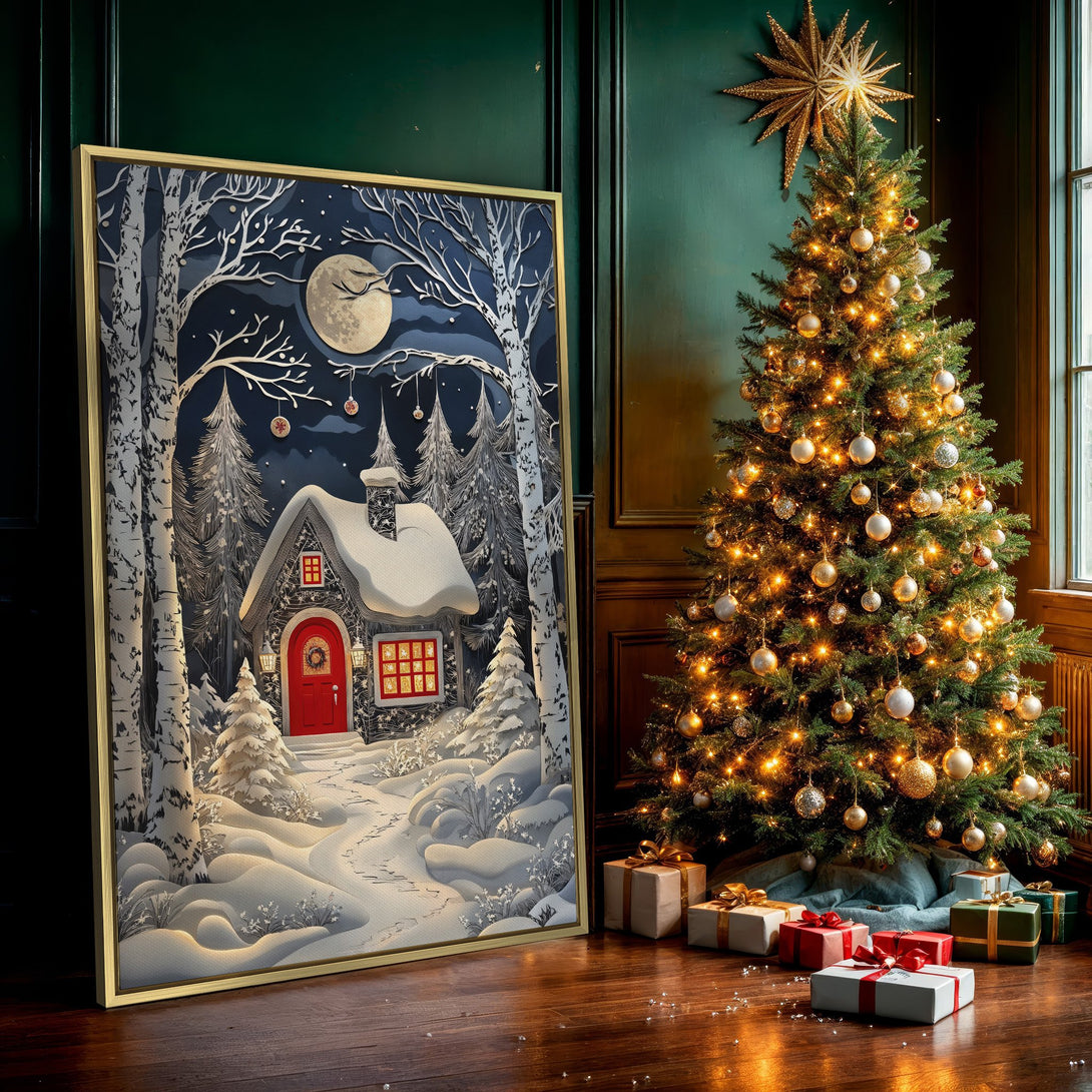Canvas Print of a winter cabin scene. Features a cozy cottage in a snowy forest, with a cool blue and white color palette. Perfect for holiday decor!