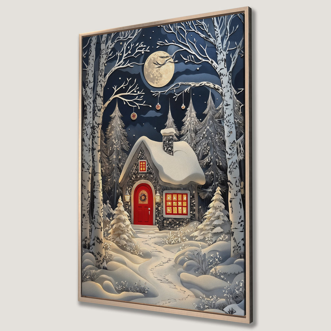 Framed Wall Art: Winter cabin scene in a paper-cut style, featuring a snowy landscape, full moon, and a cozy red door. Blue, white, and gold color palette.