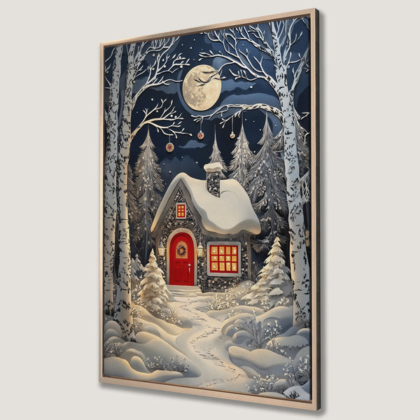Framed Wall Art: Winter cabin scene in a paper-cut style, featuring a snowy landscape, full moon, and a cozy red door. Blue, white, and gold color palette.