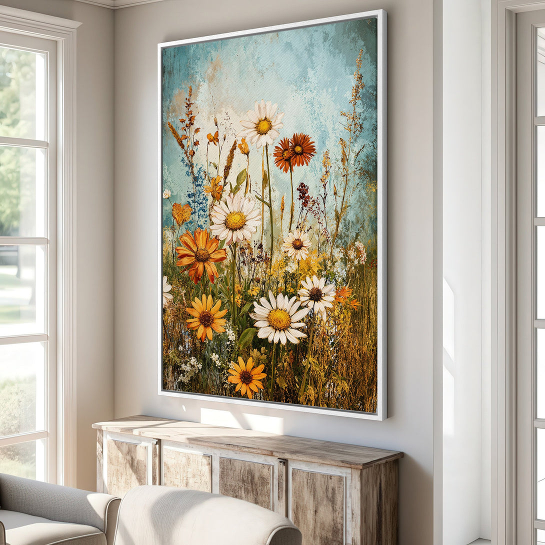 Framed Wall Art featuring a vibrant wildflower meadow. Rustic style with warm orange, yellow, and blue tones. Perfect for adding a touch of nature to your home.