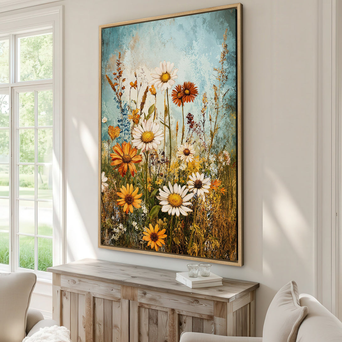 Framed Wall Art featuring a floral meadow in a rustic style. Warm orange, yellow, and blue tones create a calming, inviting atmosphere. Perfect for any home decor.