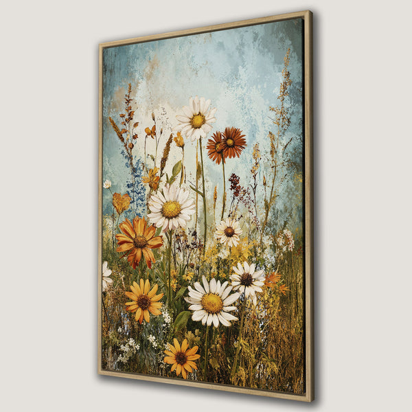 Framed Wall Art featuring a beautiful floral meadow in a vintage style. Earthy tones of yellow, orange, and brown on a blue background. Perfect for your home decor!