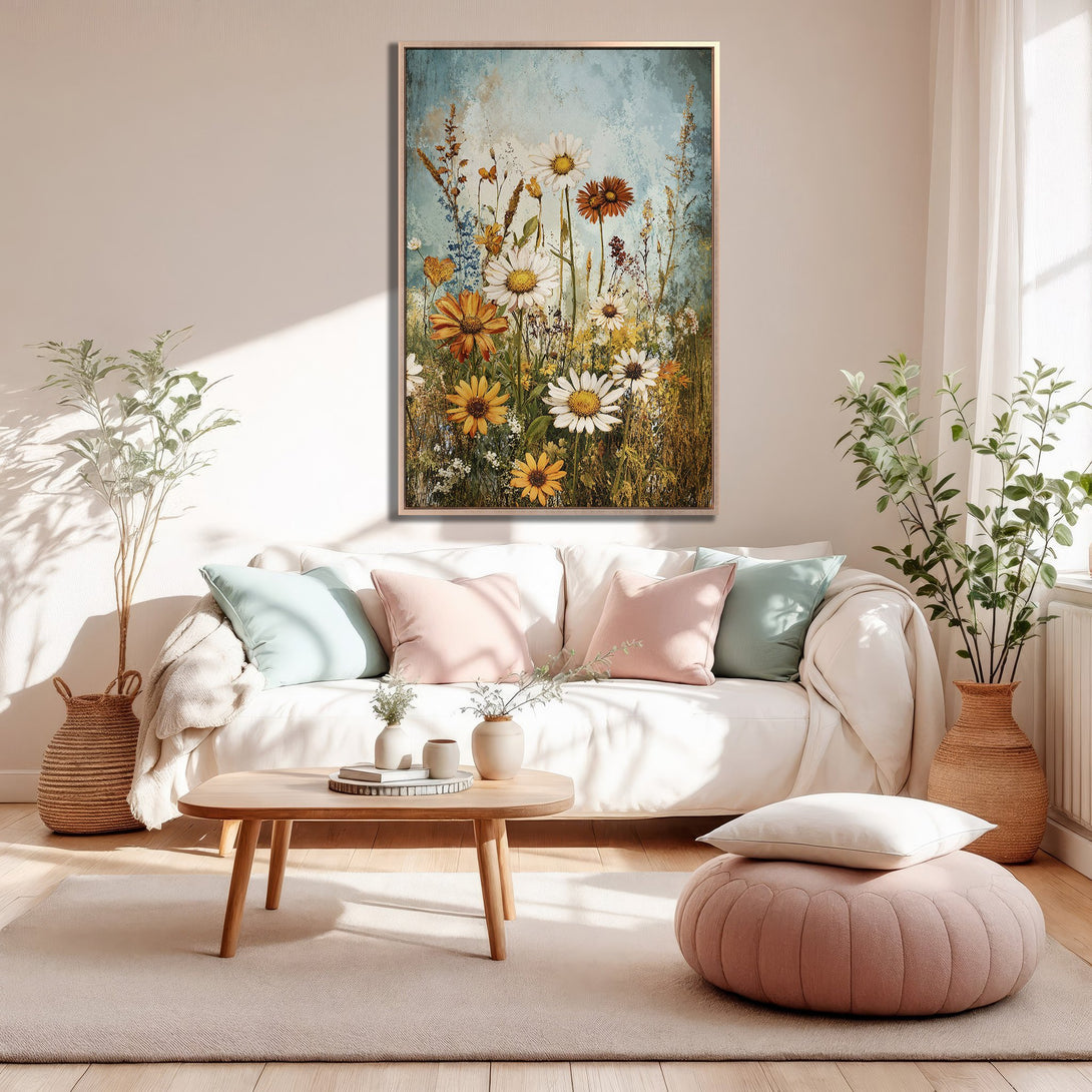 Framed Wall Art: Watercolor floral print in a living room. Soft, neutral color palette with pops of yellow, orange, and blue. Perfect for a cozy interior.