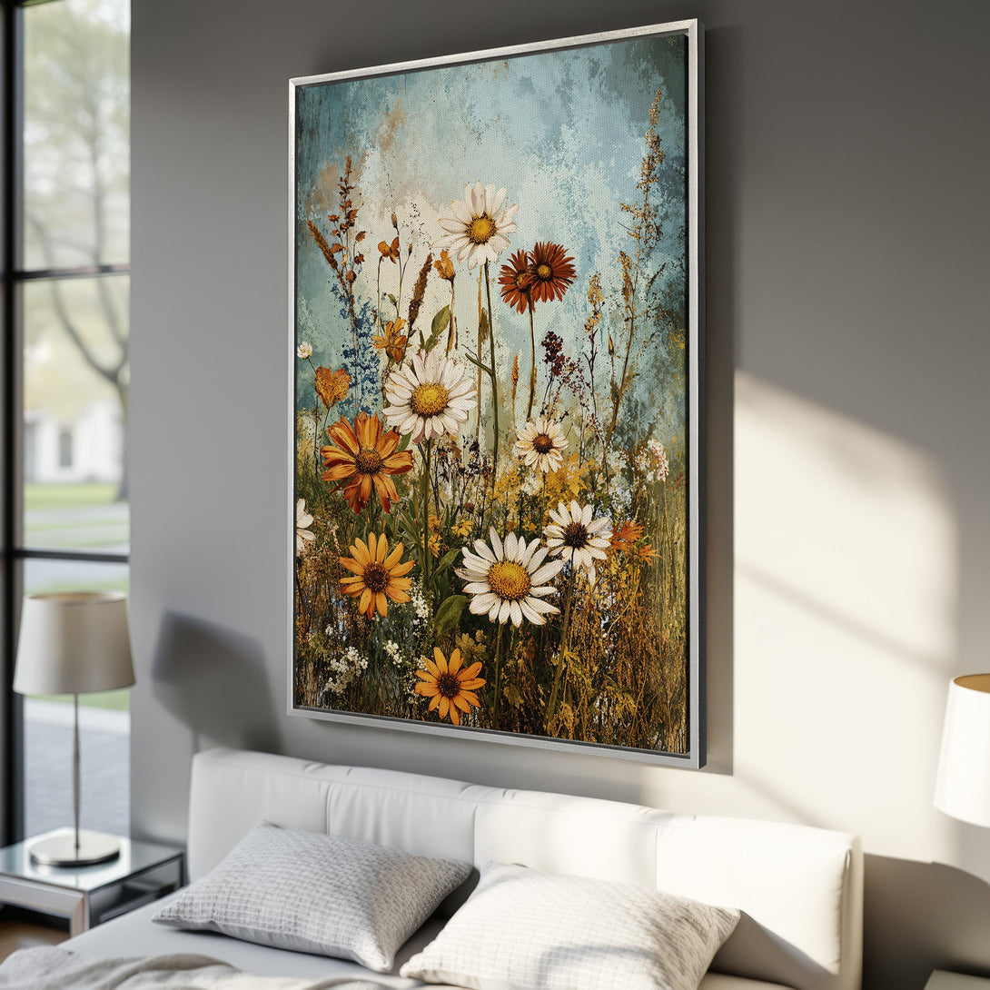 Framed Wall Art featuring a vibrant floral meadow in a vintage style. Earthy tones with pops of white and orange, perfect for adding warmth to any room.