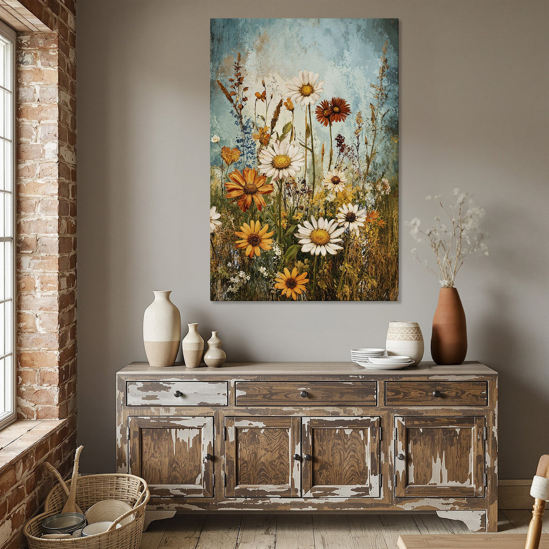 Framed Wall Art: Floral canvas print in warm tones of orange, yellow, and blue. Perfect for adding a touch of nature and style to your dining room!