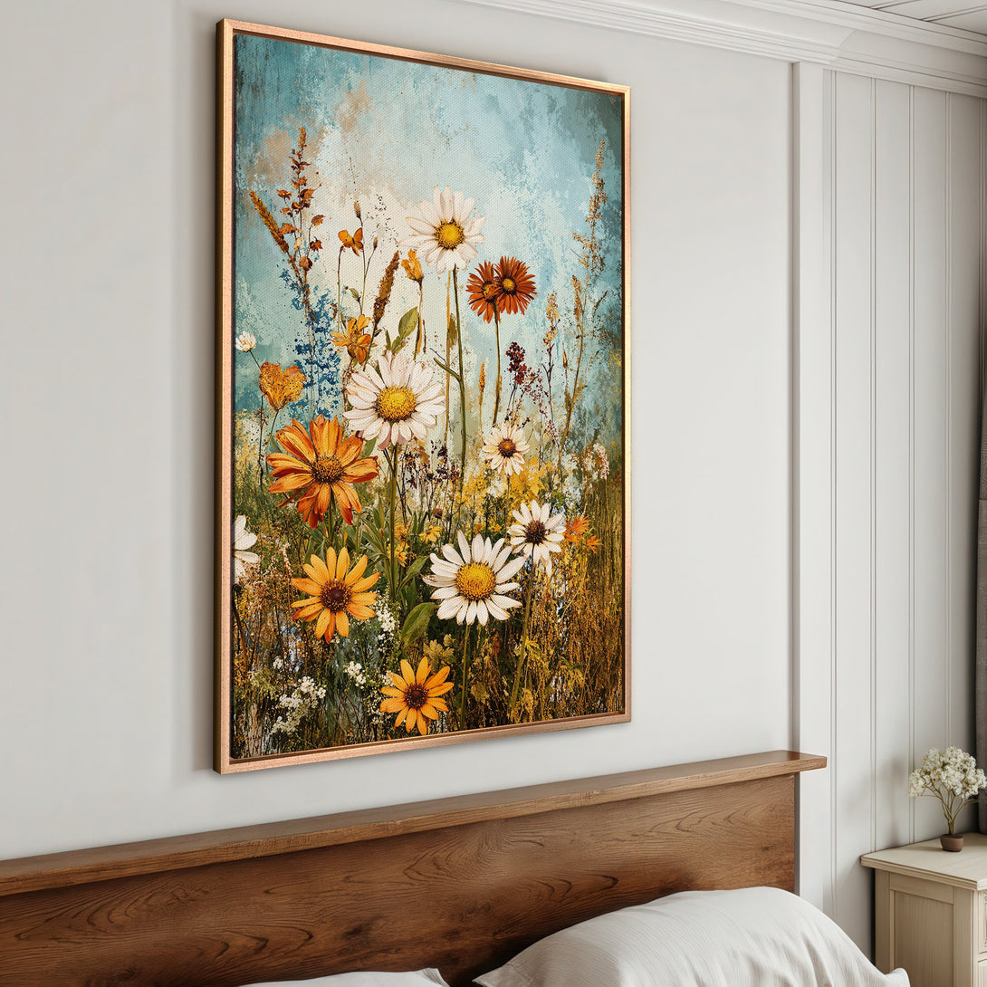 Framed Wall Art: Beautiful floral painting with warm yellow & orange flowers. Rustic style Canvas Print on a bedroom wall, perfect for home decor.