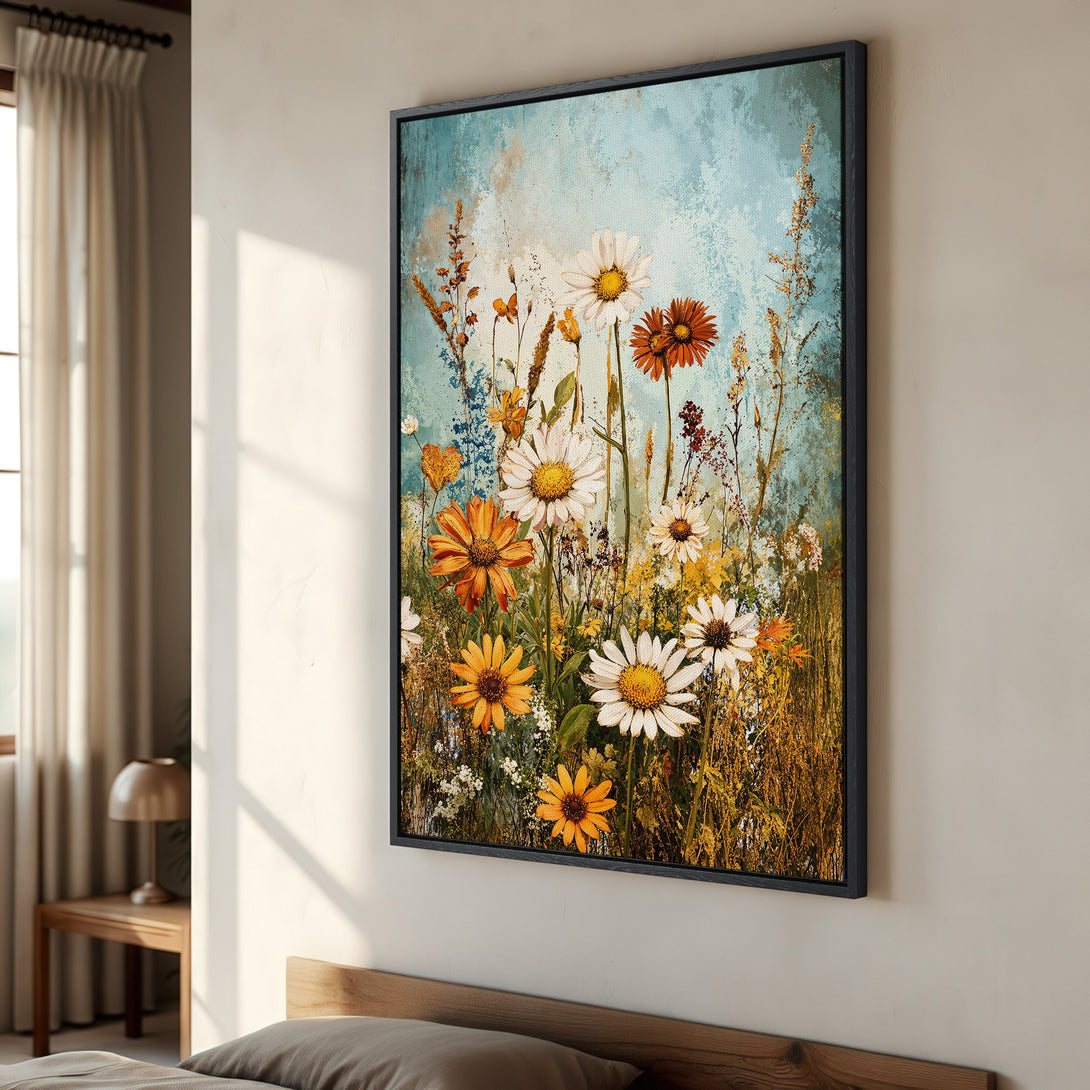 Framed Wall Art: Floral Canvas Print in a bedroom. Rustic style with a blue, orange, and yellow color palette. Perfect for adding a touch of nature.