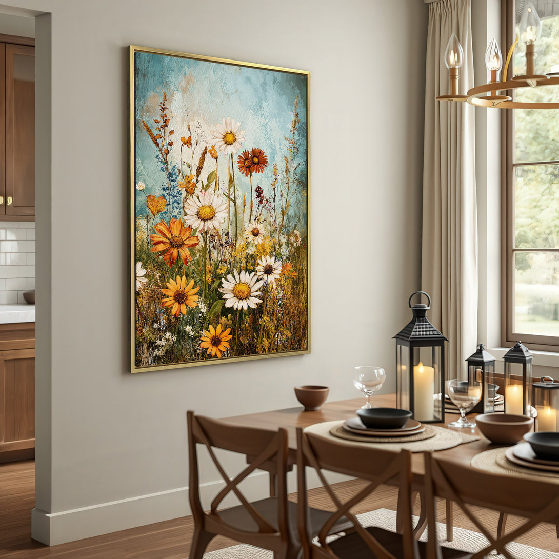Canvas Print of wildflowers in a rustic interior. Features a vintage style with warm earth tones and a touch of blue. Perfect for adding a touch of nature.