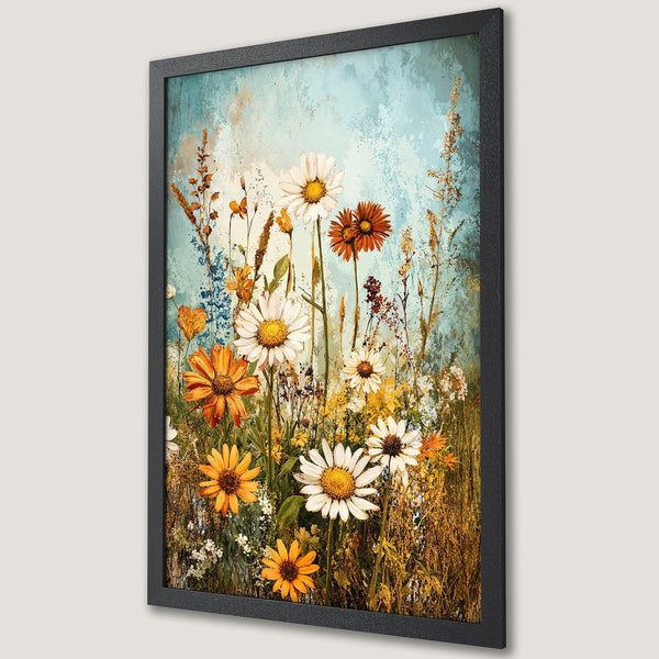 Framed Poster featuring a floral watercolor painting with daisies in a warm color palette. Perfect wall art for any room.