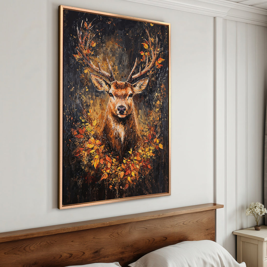 Framed Wall Art: Majestic deer painting in warm autumn colors. Rustic style Canvas Print adds cozy elegance to any room. Shop now!
