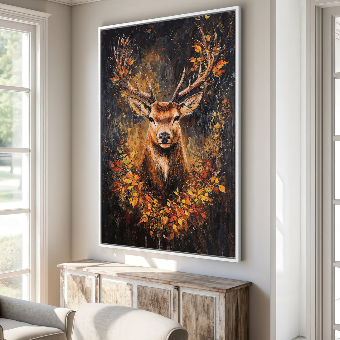 Framed Wall Art: Majestic deer portrait with autumn leaves. Impressionistic style, rich brown, black, and gold color palette. Perfect for rustic home decor.