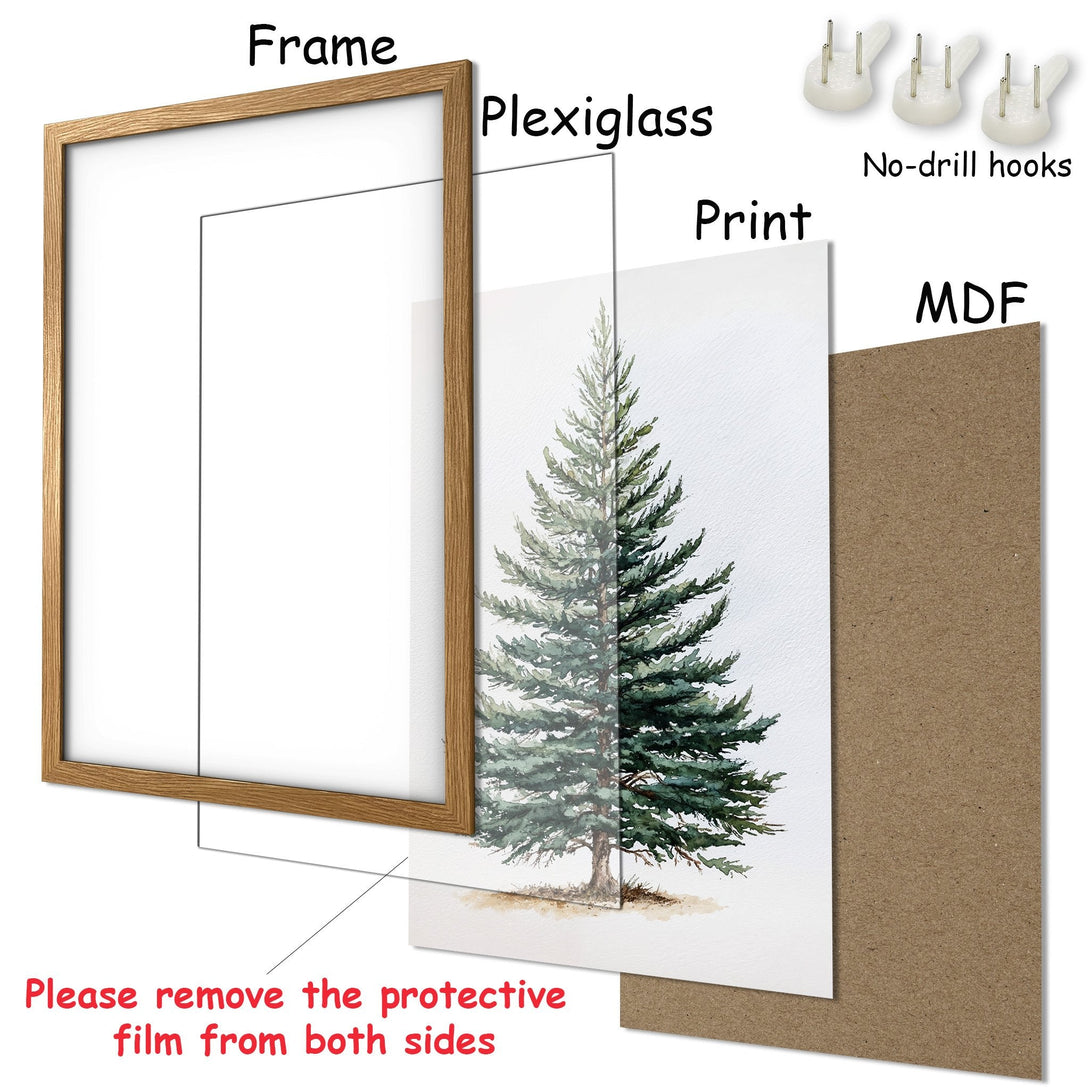 Framed Poster featuring a watercolor pine tree. Natural wood frame, green and brown color palette. Perfect wall art for your home.
