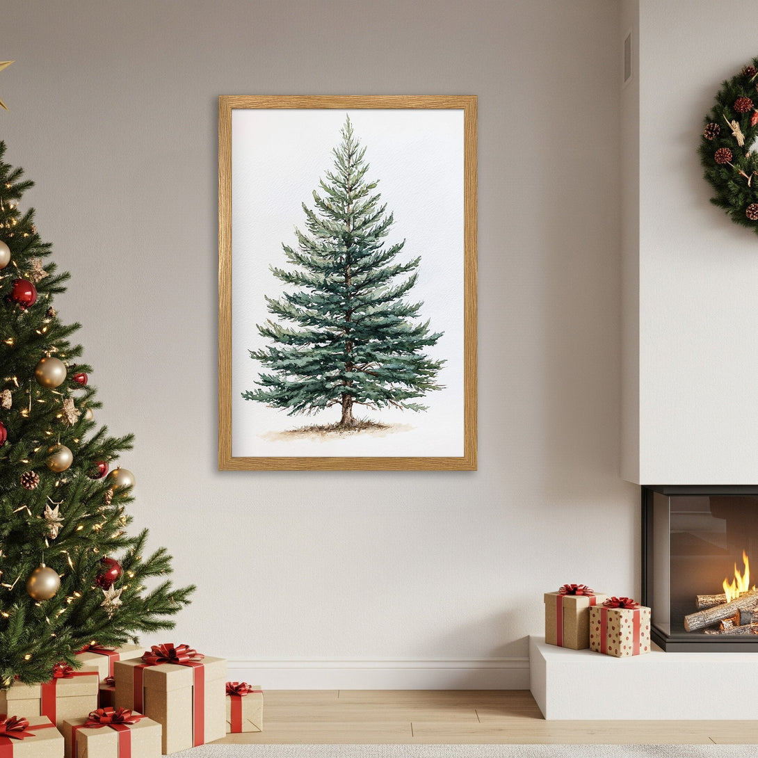 Framed Poster featuring a watercolor pine tree art print. Neutral color palette, perfect for Christmas decor. Shop now!