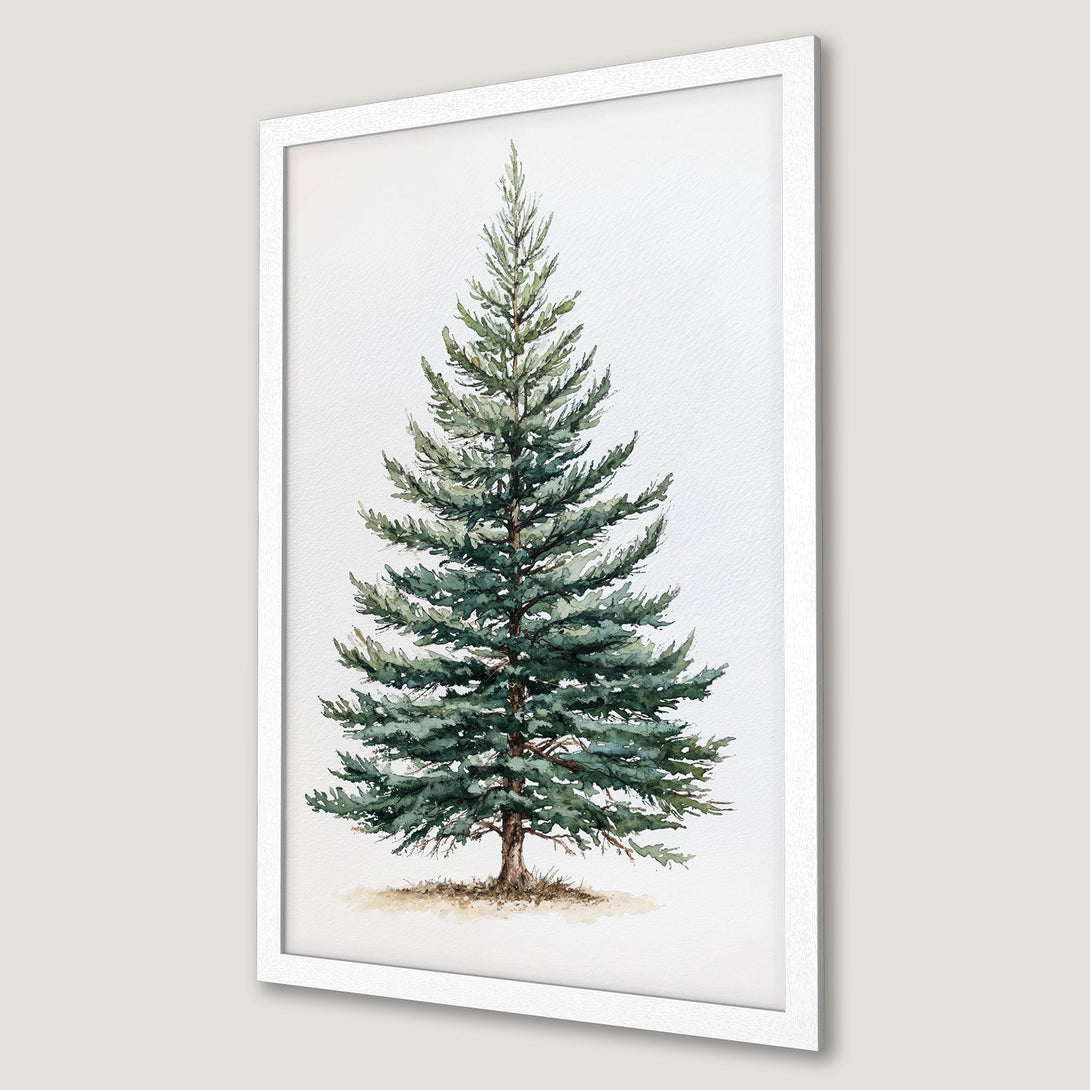 Framed Poster of a watercolor evergreen tree. Nature-inspired art with a green and white color palette. Perfect for home decor.