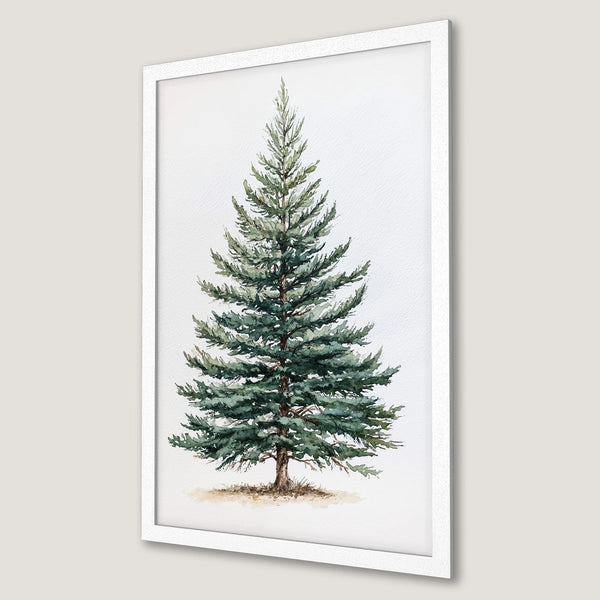 Framed Poster of a watercolor evergreen tree. Nature-inspired art with a green and white color palette. Perfect for home decor.