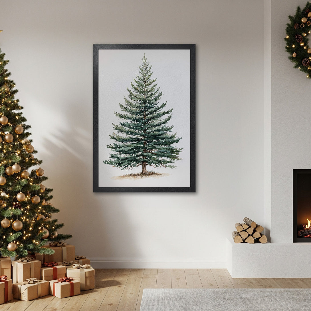 Framed Poster featuring a watercolor-style evergreen tree. Earthy tones and a cozy, festive vibe. Perfect holiday decor!